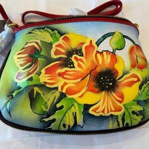 Sharif NWT Hand Painted and Beaded Red Poppy Leather Crossbody Bag